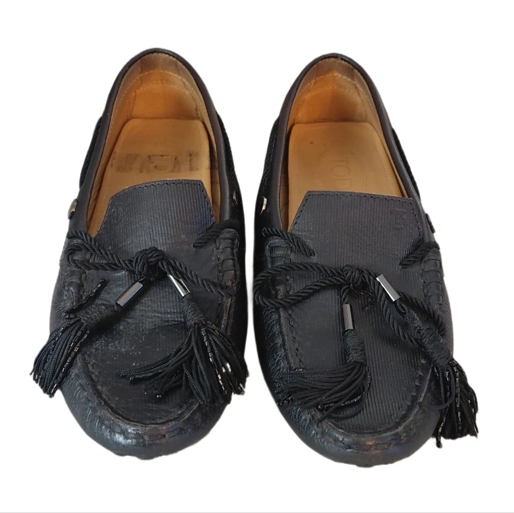 Tod’s Gommino Black Leather Tassled Loafers Women's Driving Moccasins Size 6.5